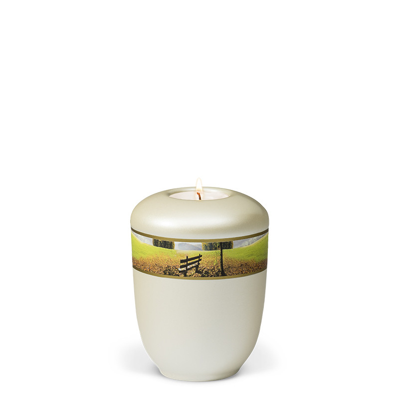 TEALIGHT HOLDER BESTLA cream white mother of pearl no. 25471-MI with decorative ribbon with park motif