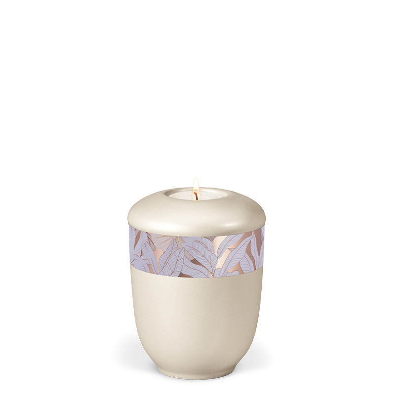 TEALIGHT HOLDER BESTLA cream white mother of pearl no. 25480-MI with rose gold ribbon with leaves