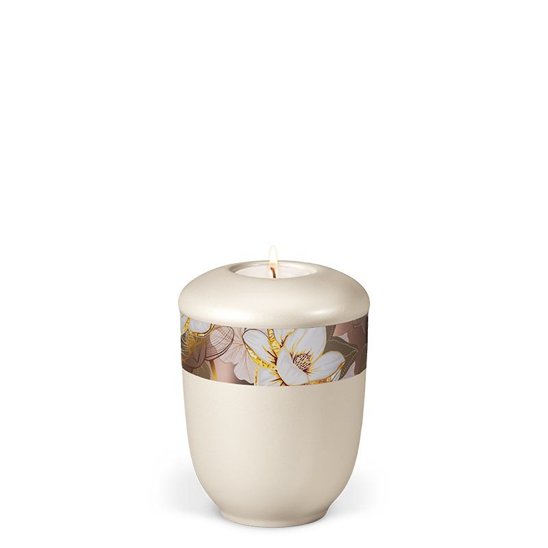 TEALIGHT HOLDER BESTLA cream white mother of pearl no. 25481-MI with rose gold ribbon with magnolia