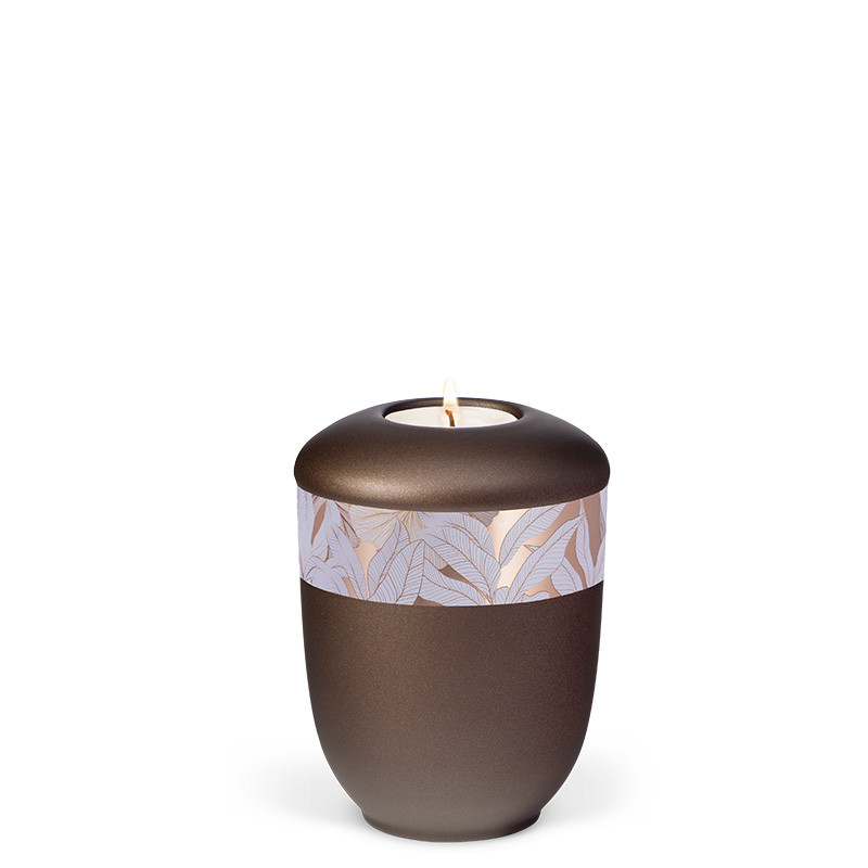 TEALIGHT HOLDER BESTLA chestnut brown no. 25765-MI with rose gold ribbon with leaves