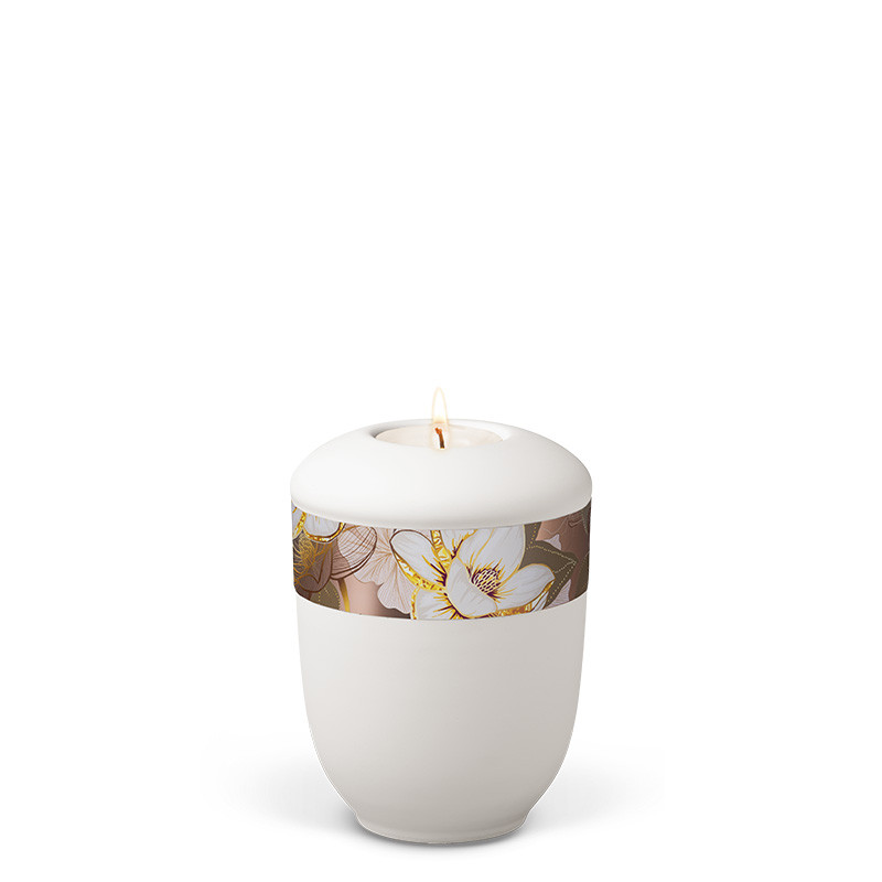 TEALIGHT HOLDER BESTLA Velor white no. 25876-MI with rose gold ribbon with magnolia