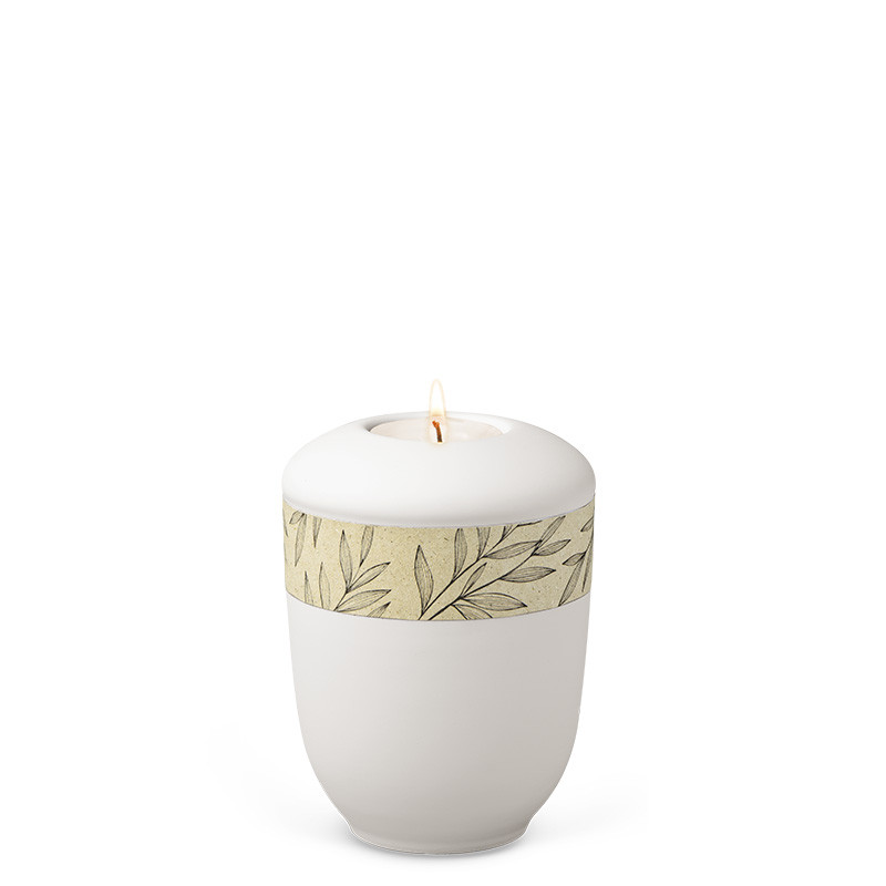 TEALIGHT HOLDER ATLANT white no. 27568-MI with decorative ribbon leaves