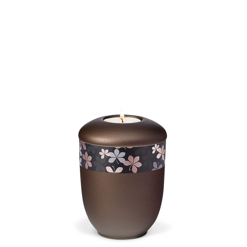 TEALIGHT HOLDER ATLANT chestnut brown no. 27723-MI with rose gold decorative ribbon with flowers