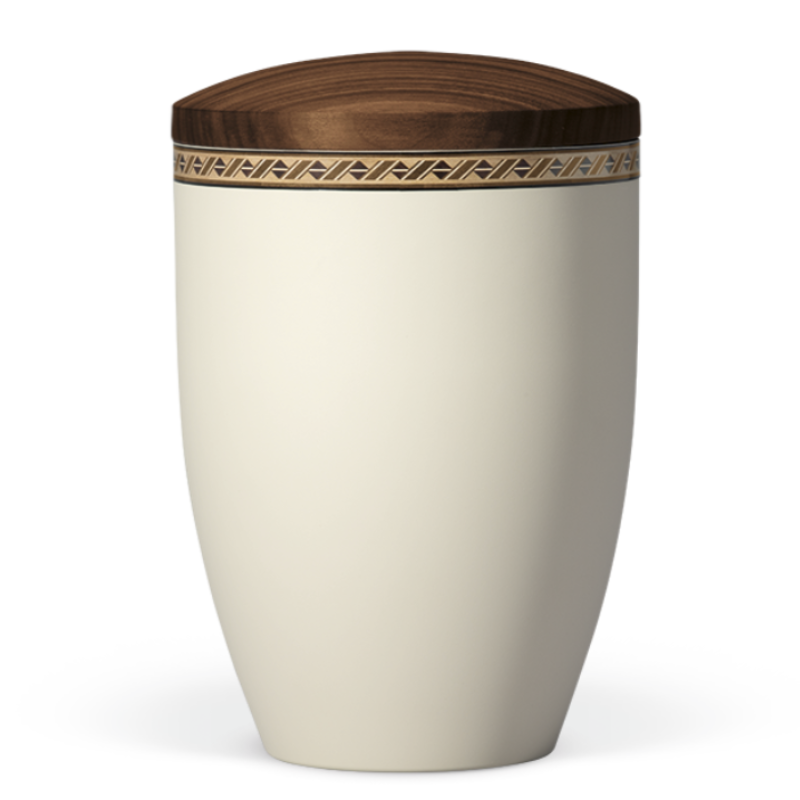 Atlant bio urn, Cream white, with walnut wooden lid and decor ribbon 27635