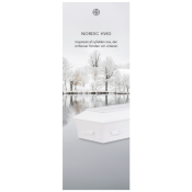 Banner with a lake and snow-covered trees motif.