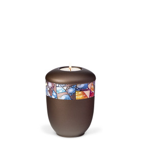 TEALIGHT HOLDER ATLANT chestnut brown no. 27721-MI with rose gold decorative ribbon with church window