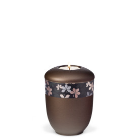 TEALIGHT HOLDER ATLANT chestnut brown no. 27723-MI with rose gold decorative ribbon with flowers