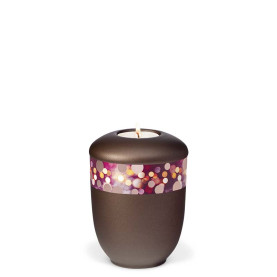 TEALIGHT HOLDER ATLANT chestnut brown no. 27724-MI with rose gold decorative ribbon with light
