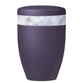 Atlant biocremation urn, purple velvet, decorative ribbon with flowers 27111.