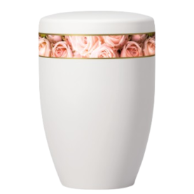 Atlant bio urn, cream white pearl, gold rim, and roses 27561