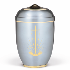 Kolumbarium st&aring;l med kors og solopgang