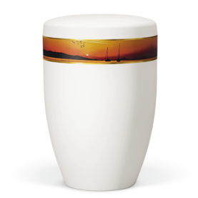 Atlant biourne, cremehvid m. sejlb&aring;d i solnedgang 27556